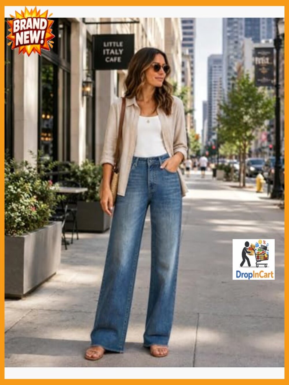 High Waisted Straight Leg Jeans Stretchy Loose Fit Tummy Control Raw Hem Denim - Picture 4 of 7